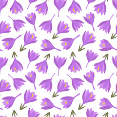 Fototapeta na wymiar Floral seamless pattern with spring flowers. Purple Crocus. Isolated vector illustration. Background for wrapping paper, textile, wallpaper, scrapbooking. Flat cartoon design.