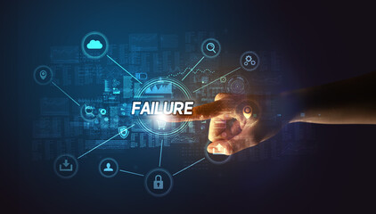 Hand touching FAILURE inscription, Cybersecurity concept