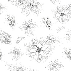 seamless vector Wallpaper with a pattern of Holly, Rowan, poinsettia branches. the hand-drawn sketch is made in a minimalist style. vintage-inspired illustration for paper, print, winter ideas