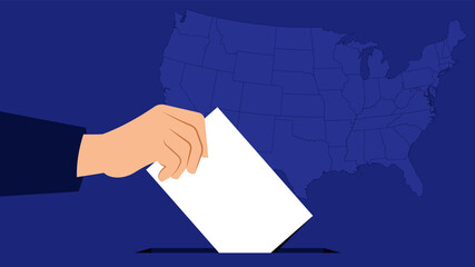 Hand putting voting paper in the box. Concept of election in US. Blue background with US map.