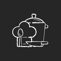 Cooking chalk white icon on black background. Housewife chore, homemade food. Restaurant kitchen, professional cook occupation. Kitchenware and chef hat. Isolated vector chalkboard illustration