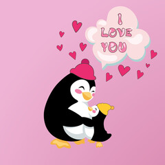 Card of parental love. Little baby penguin is hugging his big penguin. Vector illustration with all the detailes put into groups and organised in layers.