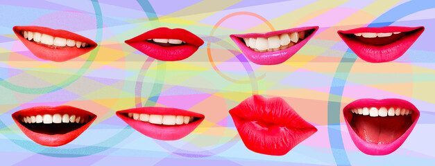 Collage of several female lips in red and pink. Bright multicolored background with stripes.