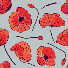Seamless pattern with red poppy flowers and buds on grey background.