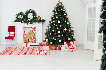 decor fireplace and Christmas tree holiday gifts new year background