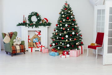 decor fireplace and Christmas tree holiday gifts new year background