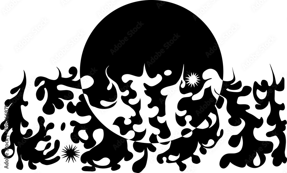 Poster day and night drawing of the sun and clouds and rays of the sun with stars in black and white graphi