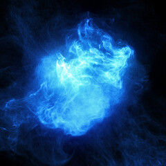 Abstract background. Blue flames and smoke, fluid effect. Blue flowing plasma and particles moving around in a fluid motion.