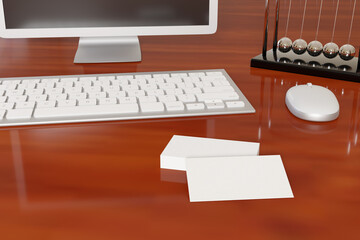 Blank business cards on a wooden desk next to a computer and office supplies. 3d illustration.