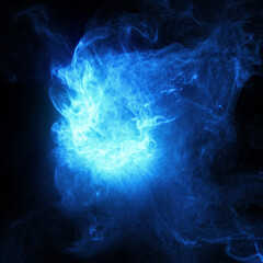 Abstract background. Blue flames and smoke, fluid effect. Blue flowing plasma and particles moving around in a fluid motion.