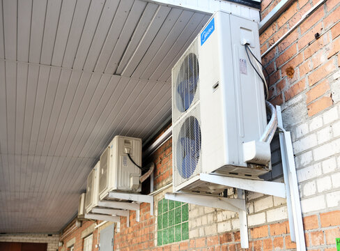MINSK BELARUS-22.04.2020:Air Conditioning MIDEA.Air conditioning outside the building.