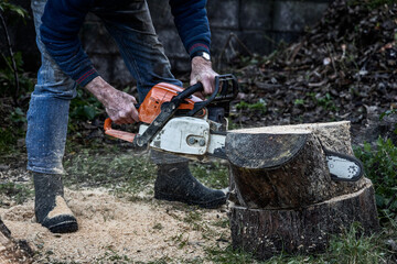 Man Chainsawing Wood in a Garden in Ireland - Contrast