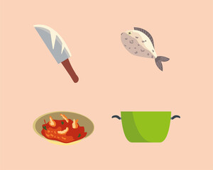 restaurant kitchen utensil knife soup fish and bowl icons