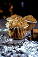 close up of delicious hand-made muffins decorated with a star-shaped pear, sugar and chocolate pear in festive atmosphere and colored lights.