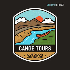 Camping adventure sticker design. Travel hand drawn logo emblem. State park label isolated. Stock vector Canoe tours graphics