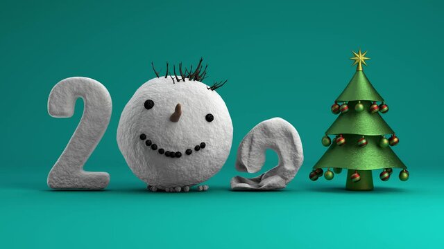 Abstract animation of the new year's date 2021 with a Christmas tree on a green background with a falling snowman's head. Date 2021 with a material that has noise and a complex texture.