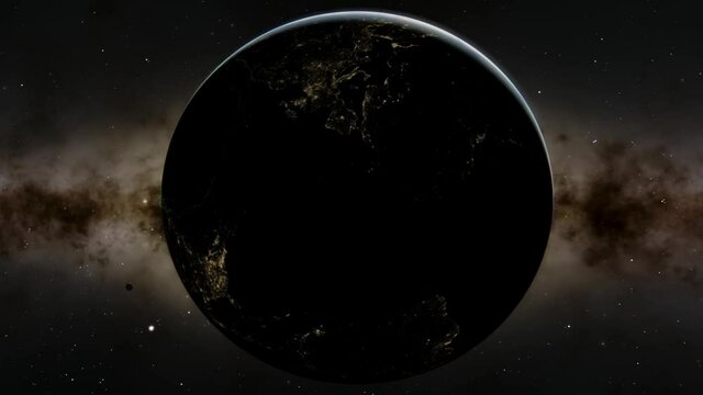 Beautiful sunrise over Earth. View from the space satellite. Cities at night. Change from Night to Day 3d Animation Rising Bright Sun. Modern business and technology concept. 4K Ultra HD.