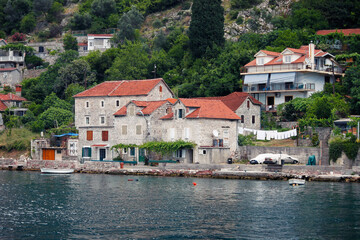 Fototapeta na wymiar view of Bay of Kotor shore from the sea, Montenegro