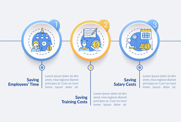 Hiring virtual assistant benefits vector infographic template. Cut cost presentation design elements. Data visualization with 3 steps. Process timeline chart. Workflow layout with linear icons