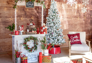 Garage hot cocoa bar decorated for the winter holidays