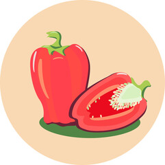 Illustration of a red peppe . Vector graphics , design for kitchen textiles , utensils , dishes . On a pink background. Pepper, whole and cut .