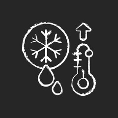 Fototapeta na wymiar Snow melting chalk white icon on black background. High temperatures on streets. Hard ice becoming water on sun. Heating in winter period. Isolated vector chalkboard illustration