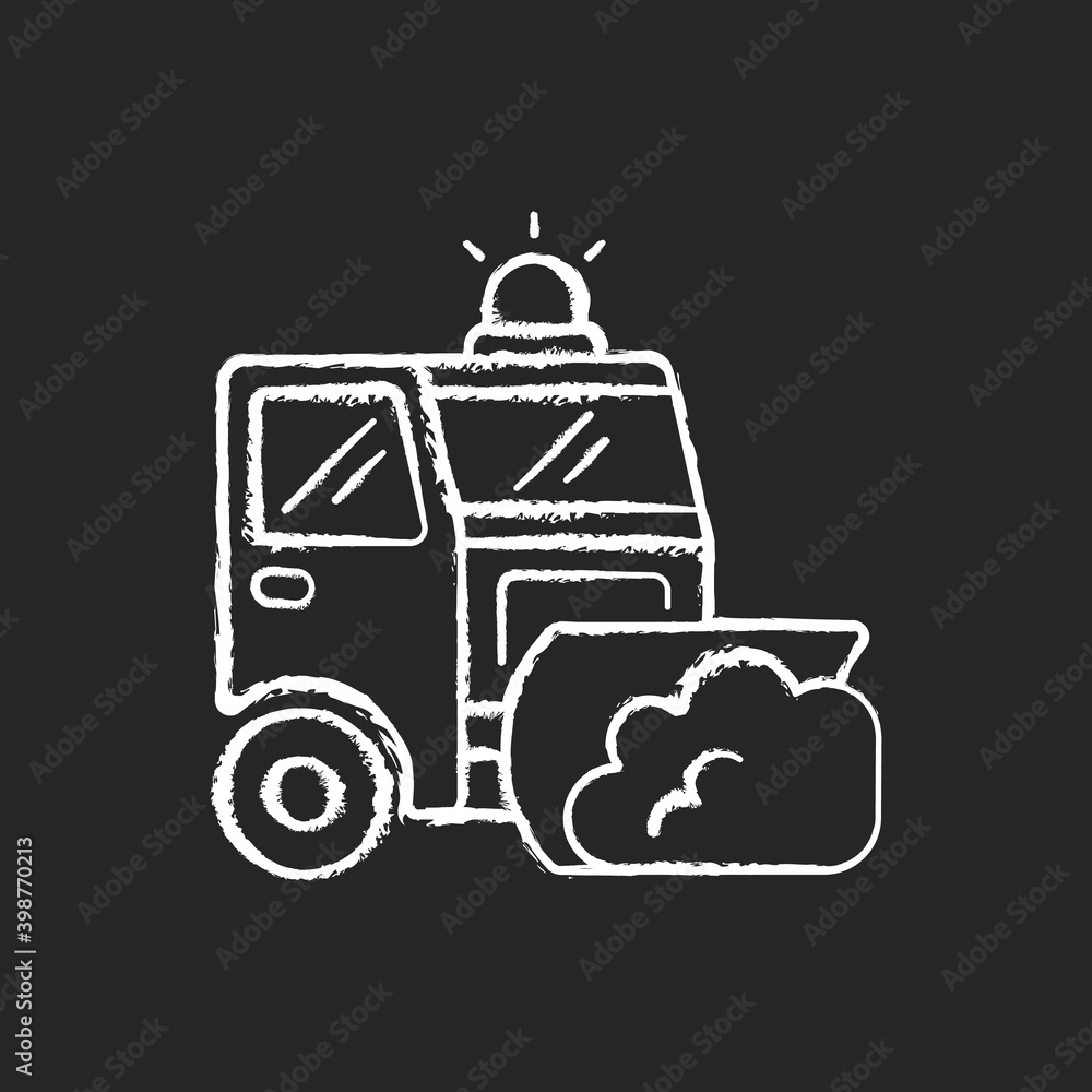 Sticker Road plowing chalk white icon on black background. Removing snow and ice from outdoor surfaces in cold winter. Reducing accidents on streets. Isolated vector chalkboard illustration