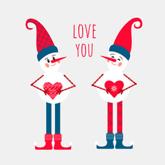 A Christmas Snowman with a gnomes hat and heart in his hands. For Valentina's Day. Nordic style. Vector illustration on an isolated background.