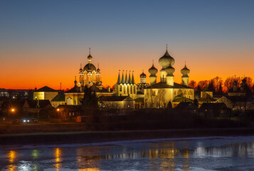 Naklejka premium Tikhvin Assumption Monastery with evening illumination