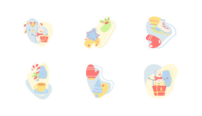 Winter holiday season flat vector concept illustration with abstract shapes set. Merry Christmas. Traditional seasonal greeting. Wintertime treats 2D geometric and organic cartoon elements collection