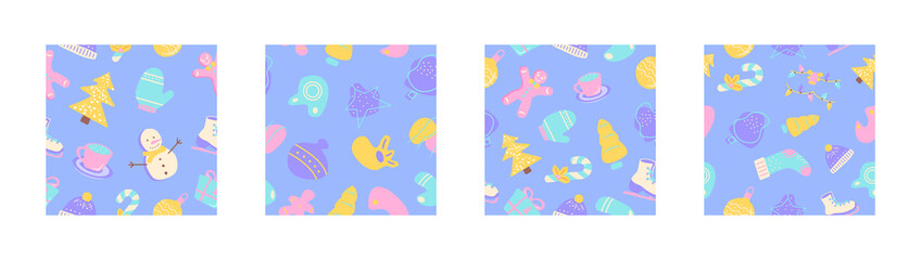 Winter season holidays abstract seamless pattern set. Xmas tree. Geometric flat vector shapes. Wintertime texture with cartoon color icons. Decorative boho design with graphic elements collection