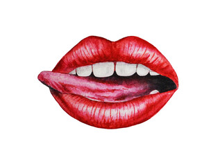 Isolated watercolor lips. Sexy and glamorous red lips. Makeup and fashion. Lips with tongue. Watercolor. Illustration.Template. Hand drawn.

