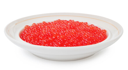 Plate with red caviar isolated on white background side view