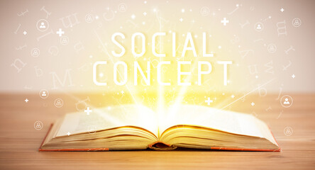 Open book with SOCIAL CONCEPT inscription, social media concept
