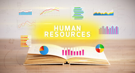 Open book with HUMAN RESOURCES inscription, new business concept