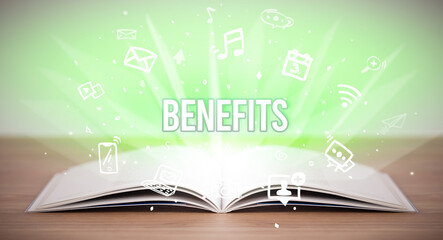 Opeen book with BENEFITS inscription, business concept