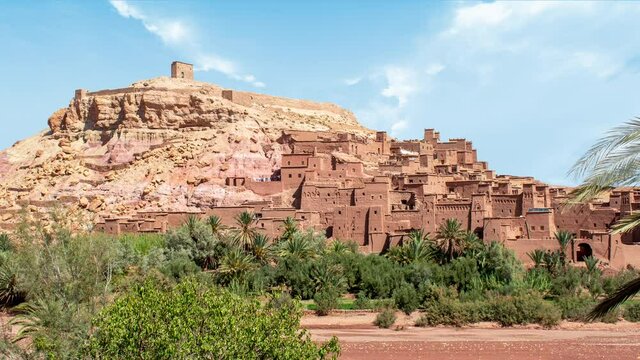 Time lapse of Kasbah Ait Ben Haddou near Ouarzazate in the Atlas Mountains of Morocco. UNESCO World Heritage Site since 1987. Artistic picture. Beauty world