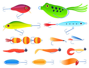 Set of fishing lures for spinning. Spoon, silicone bait, surface. Fishing. Vector illustration