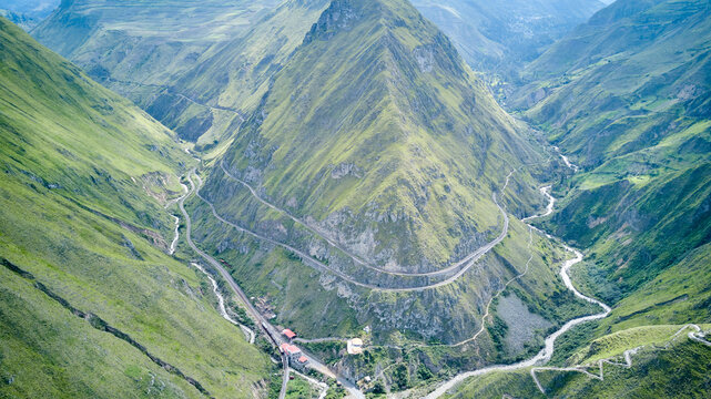 Aerial of Nariz del Diablo, devil&rsquo;s nose, a famous railroad track in the andes of Ecuador, so steep, it has to zig zag up the mountains with reversing into dead ends, South America