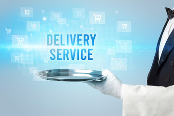 Waiter serving DELIVERY SERVICE inscription, online shopping concept