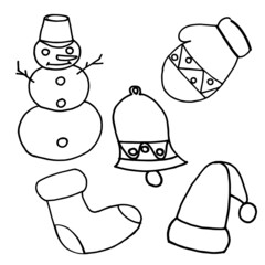 children's coloring book new year, new year holidays illustrations, graphic images, bull, gifts, caramel candies, snowman, new year's boot, mitten