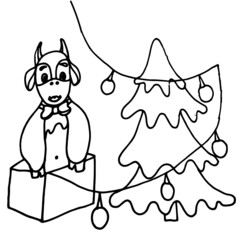 children's coloring book new year, new year holidays illustrations, graphic images, bull, gifts, caramel candies, snowman, new year's boot, mitten