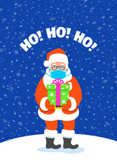 Cute Santa Claus in medical mask standing on snow and holding a present in gift box. Cartoon vector illustration. Coronavirus prevention. Snowy Christmas Eve night. Funny Christmas greeting card