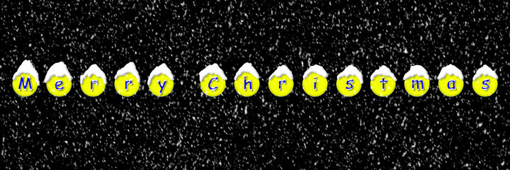 Snow-covered inscription - Merry Christmas. Flying snow. Christmas card.