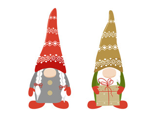 Cute 2 scandinavian gnomes with gift. Christmas vector illustration.