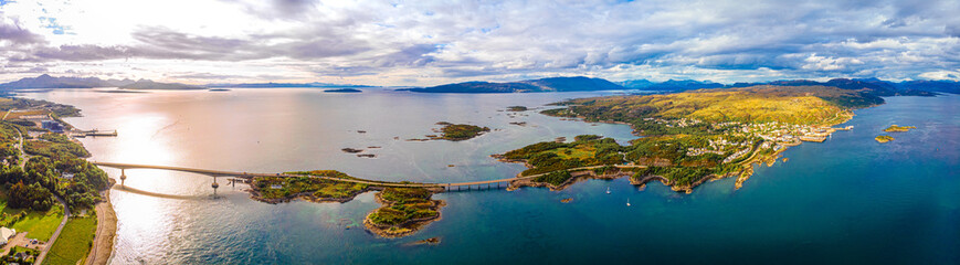 Aerial view of Skye bridge and the village of Kyleakin on the Isle of Skye in the Inner Hebrides,...