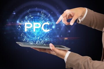 Close-up of a touchscreen with PPC abbreviation, modern technology concept