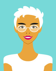 Vector portrait of a cute smiling girl with glasses with short white hair in a t-shirt close-up isolated