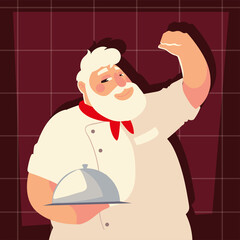 old chef with platter worker professional restaurant