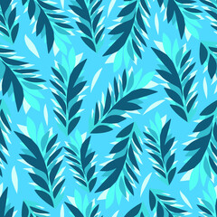 Fototapeta premium Vector pattern with blue branches on a blue background.